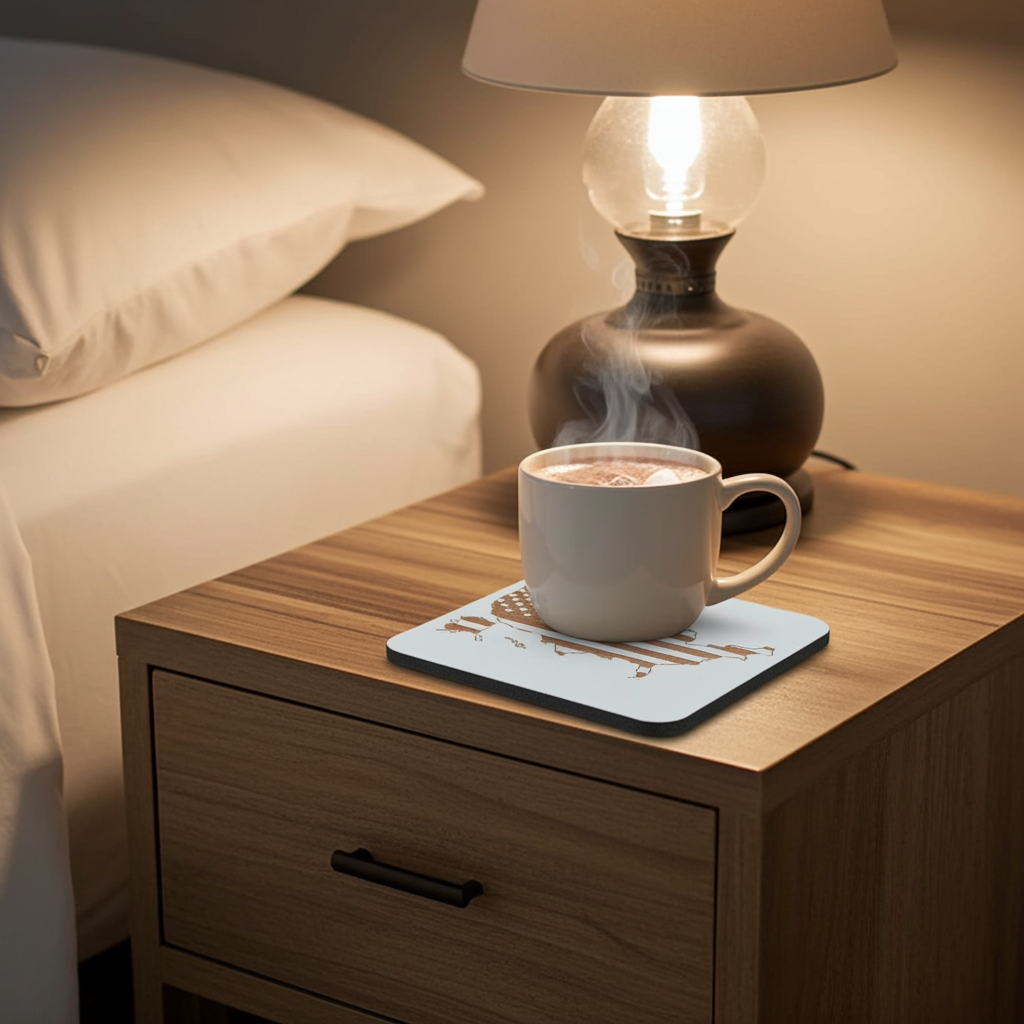 Set of 6 White, Topped Wood Drink coasters, Americana Theme Collection,  with Anti-Skid Feet, 9.5cm x 9.5cm, Rounded Corners.