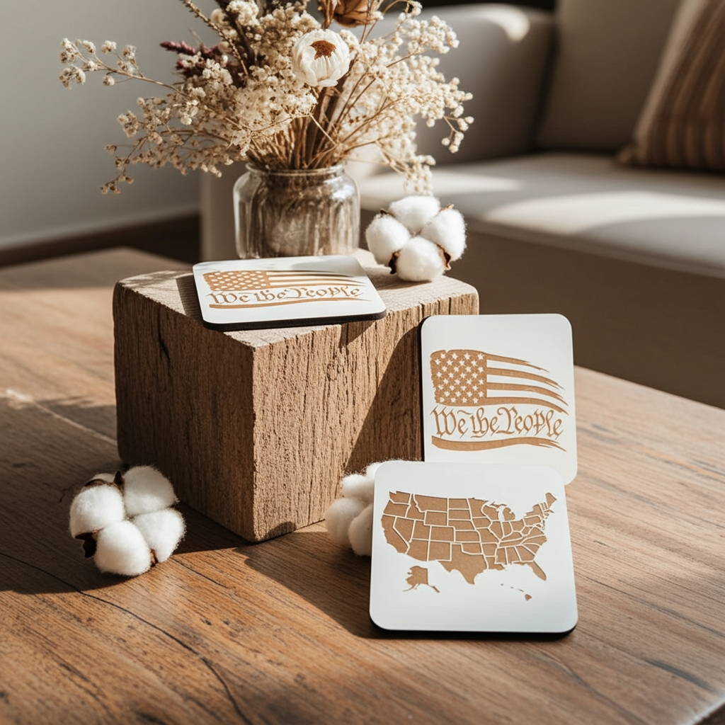 Set of 6 White, Topped Wood Drink coasters, Americana Theme Collection,  with Anti-Skid Feet, 9.5cm x 9.5cm, Rounded Corners.