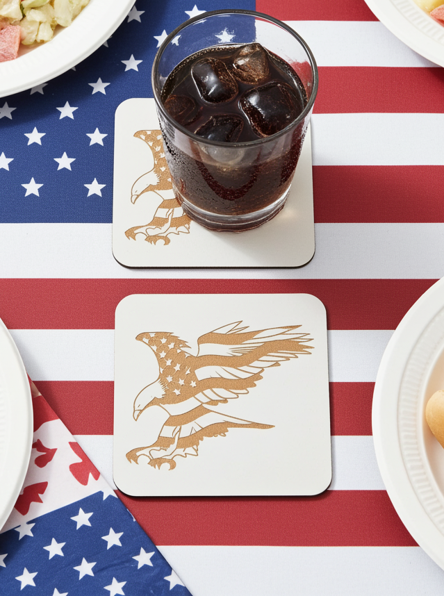 Set of 6 White, Topped Wood Drink coasters, Americana Theme Collection,  with Anti-Skid Feet, 9.5cm x 9.5cm, Rounded Corners.