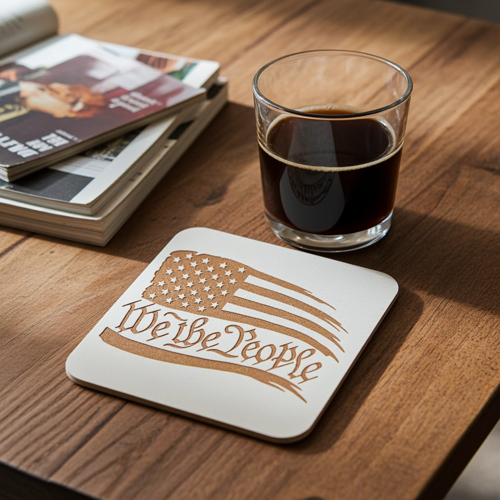 Set of 6 White, Topped Wood Drink coasters, Americana Theme Collection,  with Anti-Skid Feet, 9.5cm x 9.5cm, Rounded Corners.