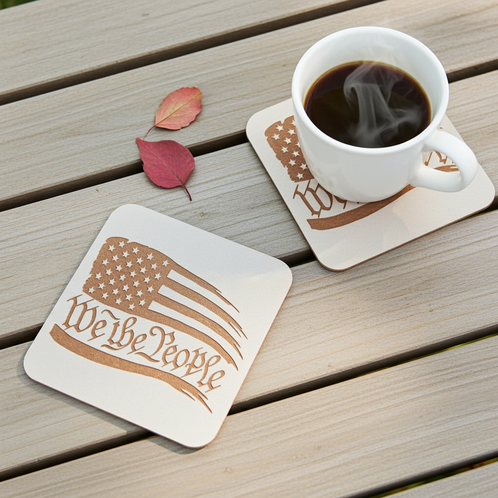 Set of 6 White, Topped Wood Drink coasters, Americana Theme Collection,  with Anti-Skid Feet, 9.5cm x 9.5cm, Rounded Corners.
