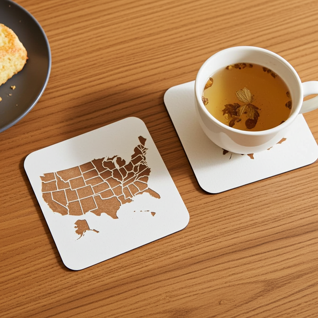 Set of 6 White, Topped Wood Drink coasters, Americana Theme Collection,  with Anti-Skid Feet, 9.5cm x 9.5cm, Rounded Corners.