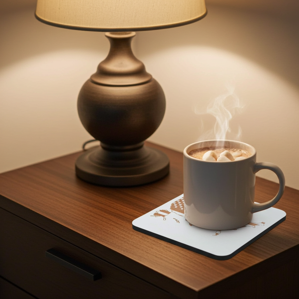 Set of 6 White, Topped Wood Drink coasters, Americana Theme Collection,  with Anti-Skid Feet, 9.5cm x 9.5cm, Rounded Corners.