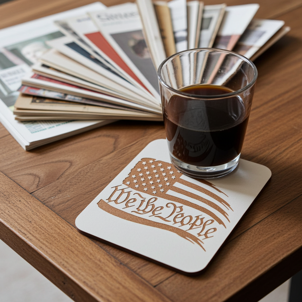 Set of 6 White, Topped Wood Drink coasters, Americana Theme Collection,  with Anti-Skid Feet, 9.5cm x 9.5cm, Rounded Corners.