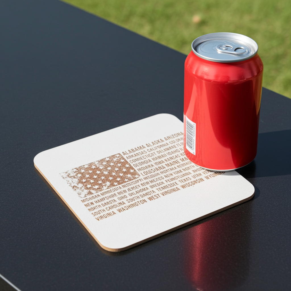 Set of 6 White, Topped Wood Drink coasters, Americana Theme Collection,  with Anti-Skid Feet, 9.5cm x 9.5cm, Rounded Corners.