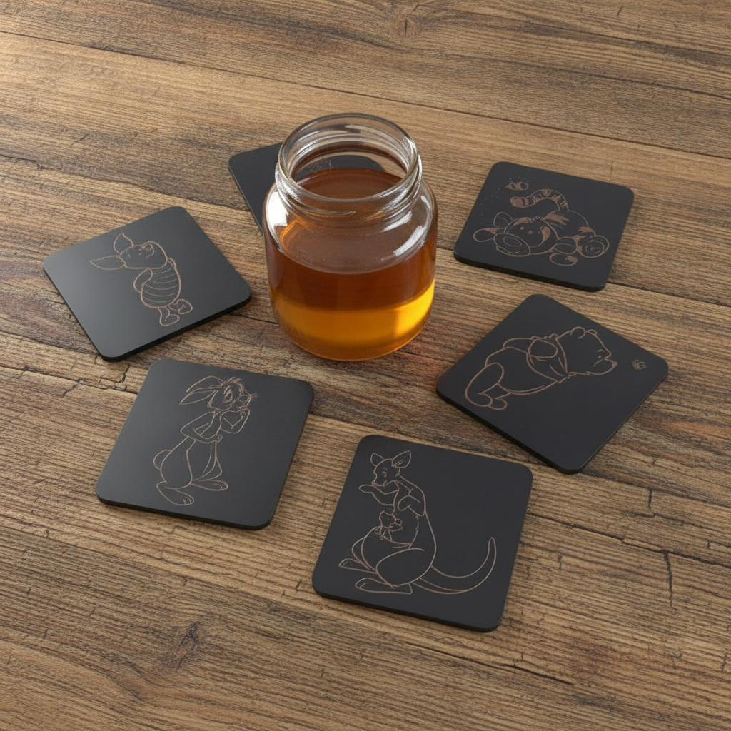 Set of 6 Winnie-the- pooh Wood Drink Coaster Collection. With Bumper Feet. Now with rounded corners.