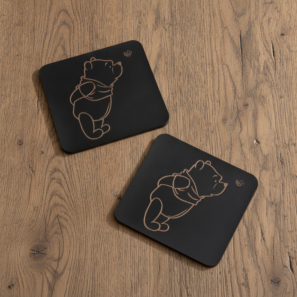Set of 6 Winnie-the- pooh Wood Drink Coaster Collection. With Bumper Feet. Now with rounded corners.