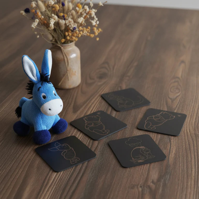 Winnie-The-Pooh Combo,  x6 Black topped wood coasters with bumper feet & 2 Personalised beech bookmarks with tassels.