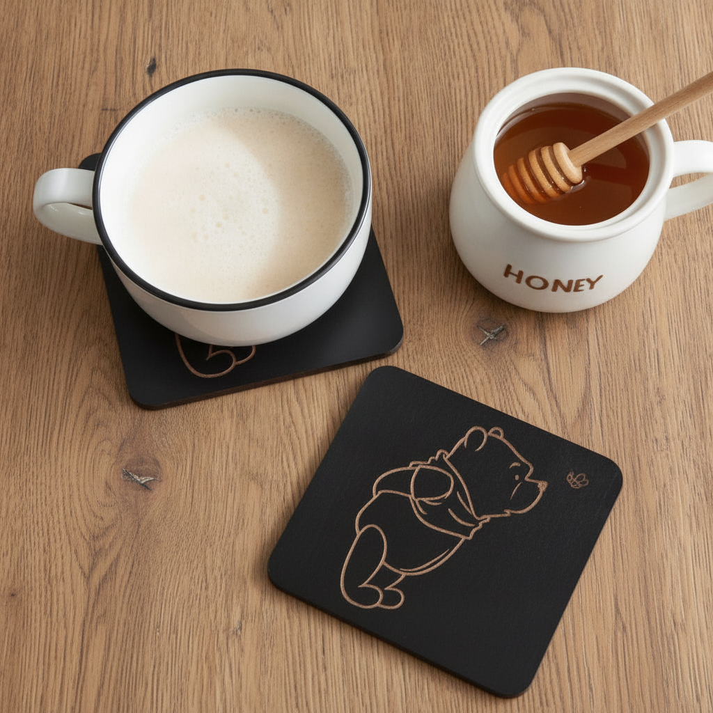 Set of 6 Winnie-the- pooh Wood Drink Coaster Collection. With Bumper Feet. Now with rounded corners.