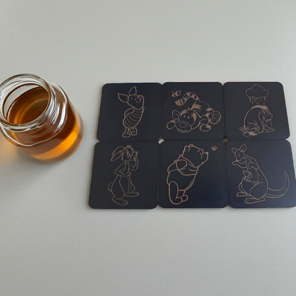 Set of 6 Winnie-the- pooh Wood Drink Coaster Collection. With Bumper Feet. Now with rounded corners.