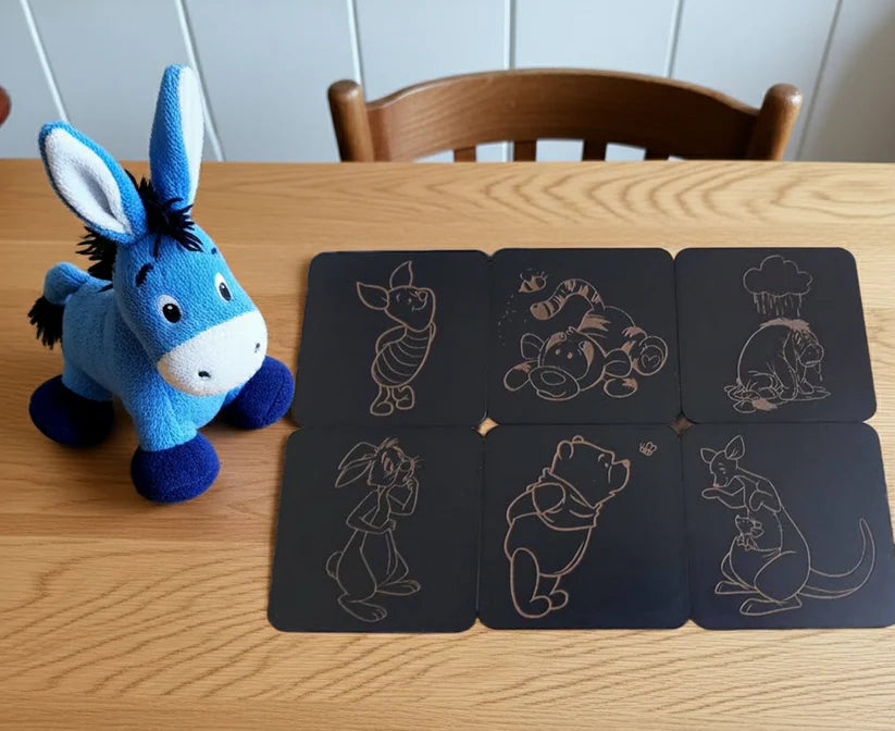 Winnie-The-Pooh Combo,  x6 Black topped wood coasters with bumper feet & 2 Personalised beech bookmarks with tassels.