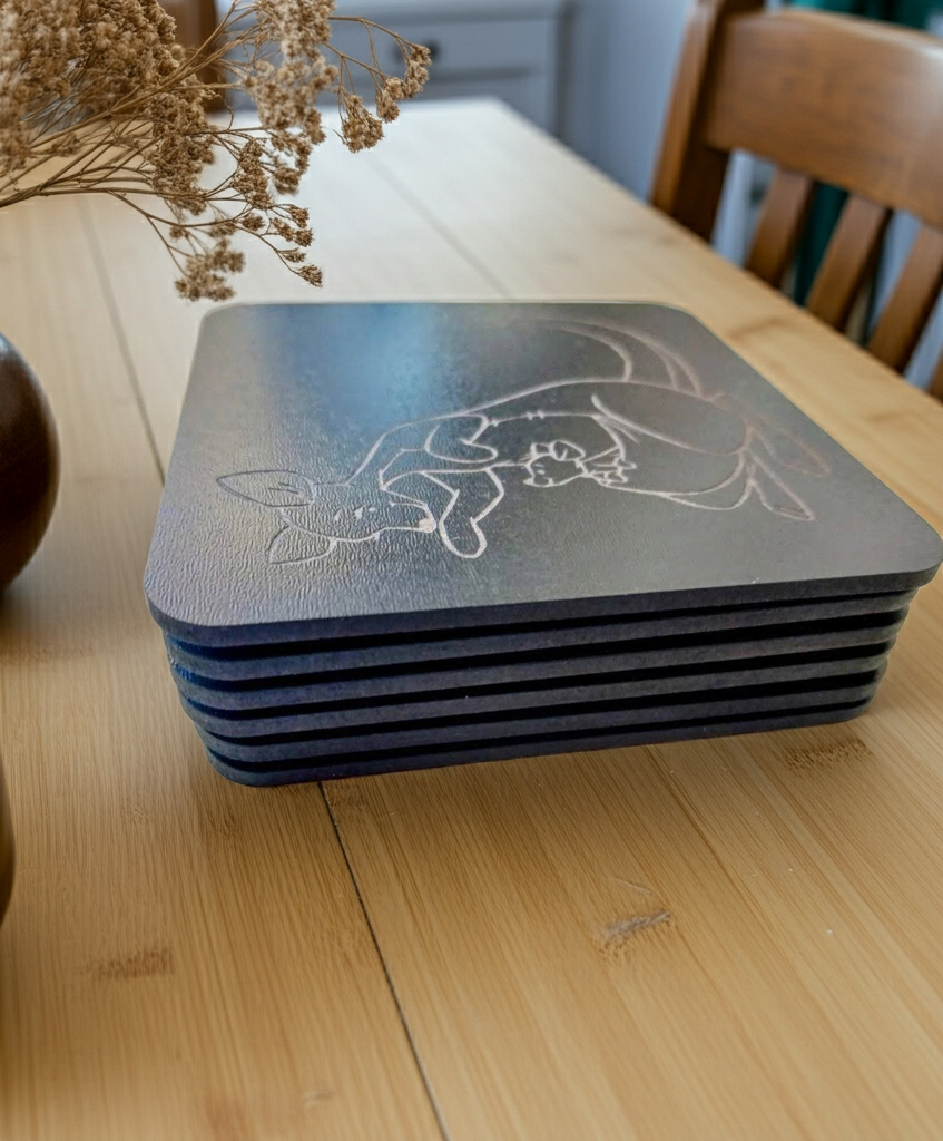 Set of 6 Winnie-the- pooh Wood Drink Coaster Collection. With Bumper Feet. Now with rounded corners.