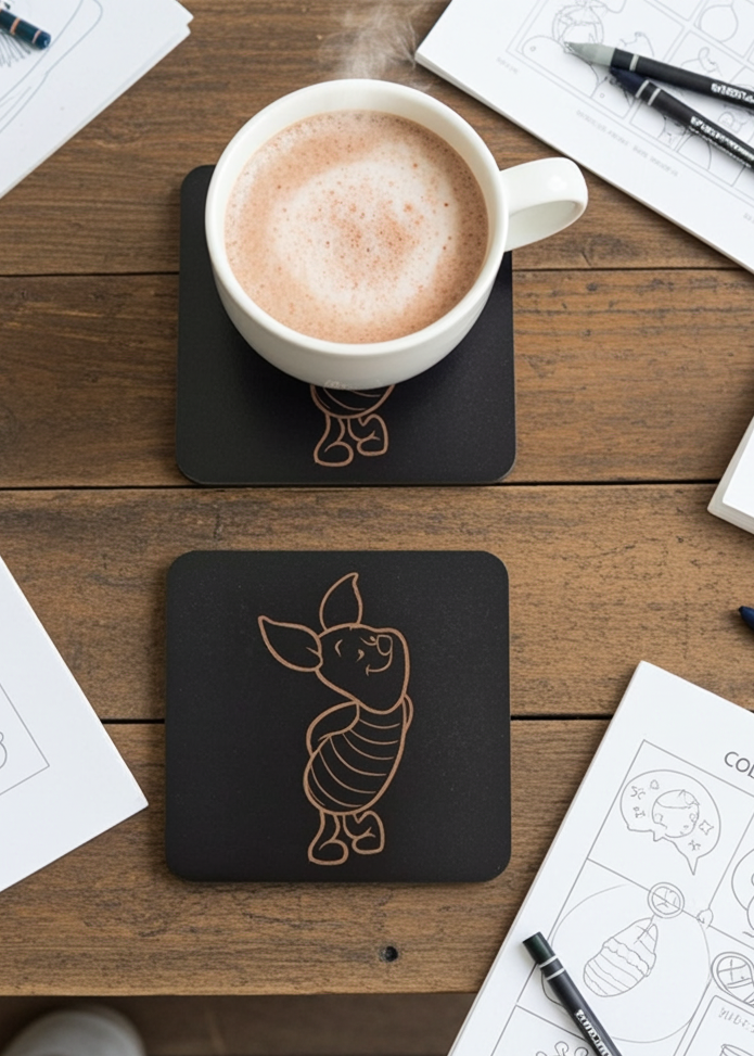 Set of 6 Winnie-the- pooh Wood Drink Coaster Collection. With Bumper Feet. Now with rounded corners.