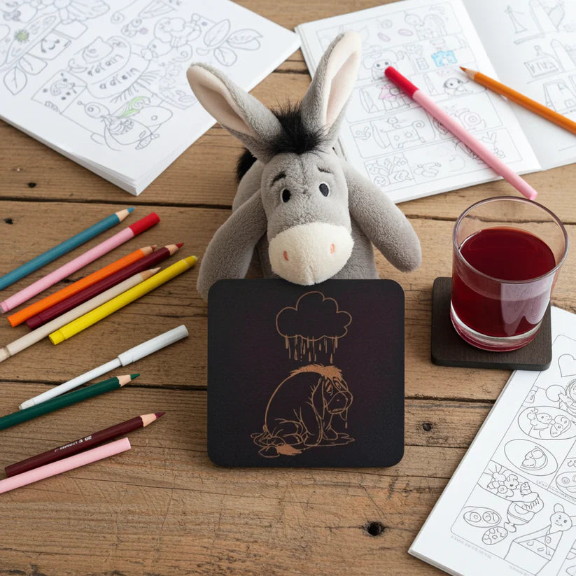 Winnie-The-Pooh Combo,  x6 Black topped wood coasters with bumper feet & 2 Personalised beech bookmarks with tassels.
