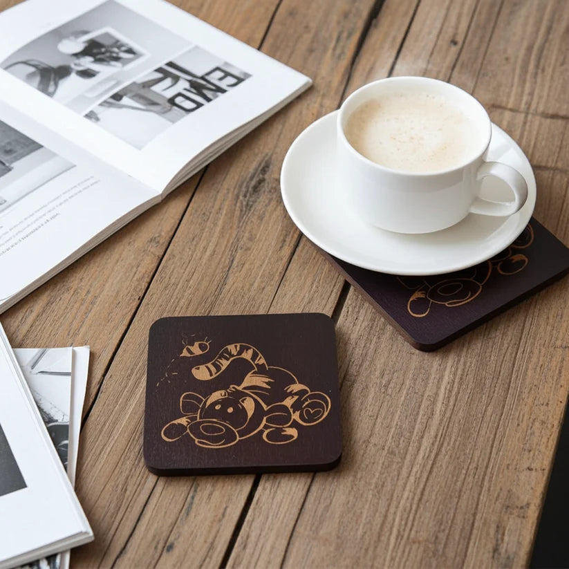 Winnie-The-Pooh Combo,  x6 Black topped wood coasters with bumper feet & 2 Personalised beech bookmarks with tassels.
