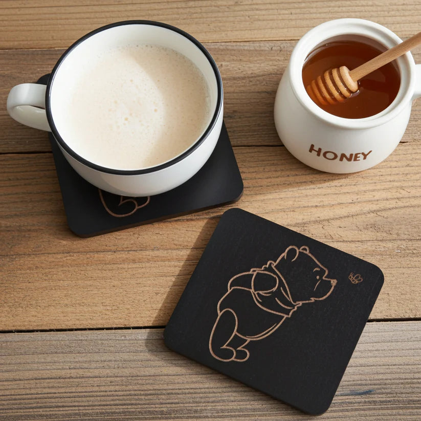 Winnie-The-Pooh Combo,  x6 Black topped wood coasters with bumper feet & 2 Personalised beech bookmarks with tassels.
