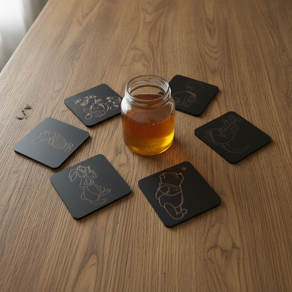 Set of 6 Winnie-the- pooh Wood Drink Coaster Collection. With Bumper Feet. Now with rounded corners.