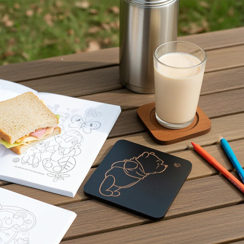 Winnie-The-Pooh Combo,  x6 Black topped wood coasters with bumper feet & 2 Personalised beech bookmarks with tassels.