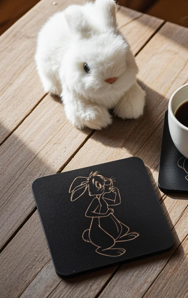 Winnie-The-Pooh Combo,  x6 Black topped wood coasters with bumper feet & 2 Personalised beech bookmarks with tassels.