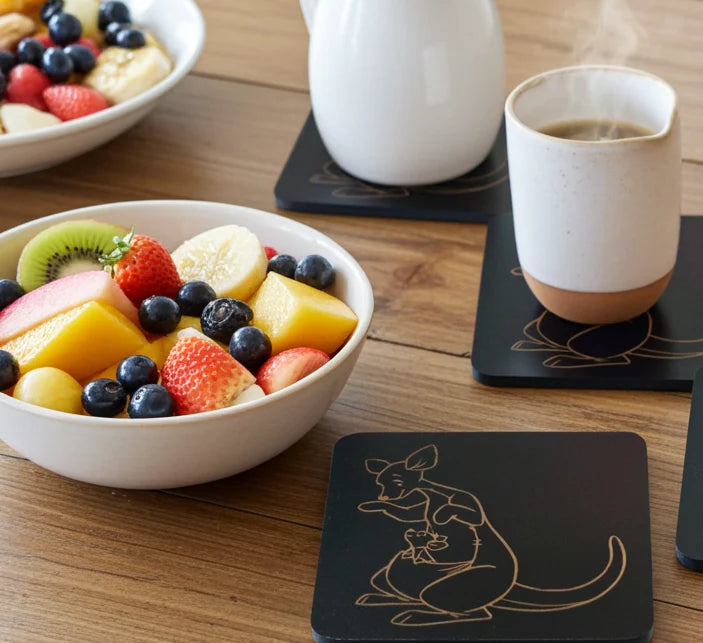 Winnie-The-Pooh Combo,  x6 Black topped wood coasters with bumper feet & 2 Personalised beech bookmarks with tassels.