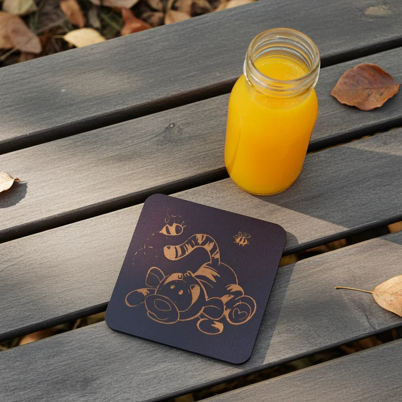 Winnie-The-Pooh Combo,  x6 Black topped wood coasters with bumper feet & 2 Personalised beech bookmarks with tassels.