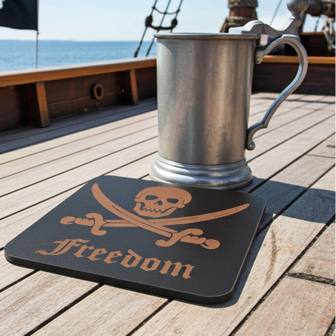 Set of 6 Wooden Coasters. Swords Theme. (3 Designs), Square. Black Wood Collection, with bumper feet.