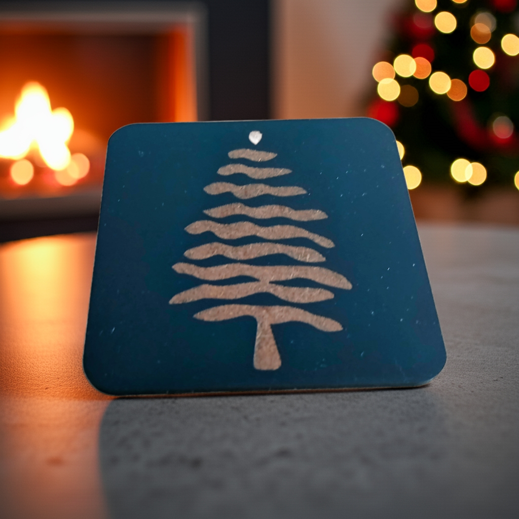 Set of 6, Black Wood Drink Coasters, Stylish Festive, Winter Tree Collection, with Bumper Feet.