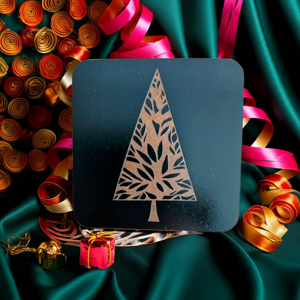 Set of 6, Black Wood Drink Coasters, Stylish Festive, Winter Tree Collection, with Bumper Feet.