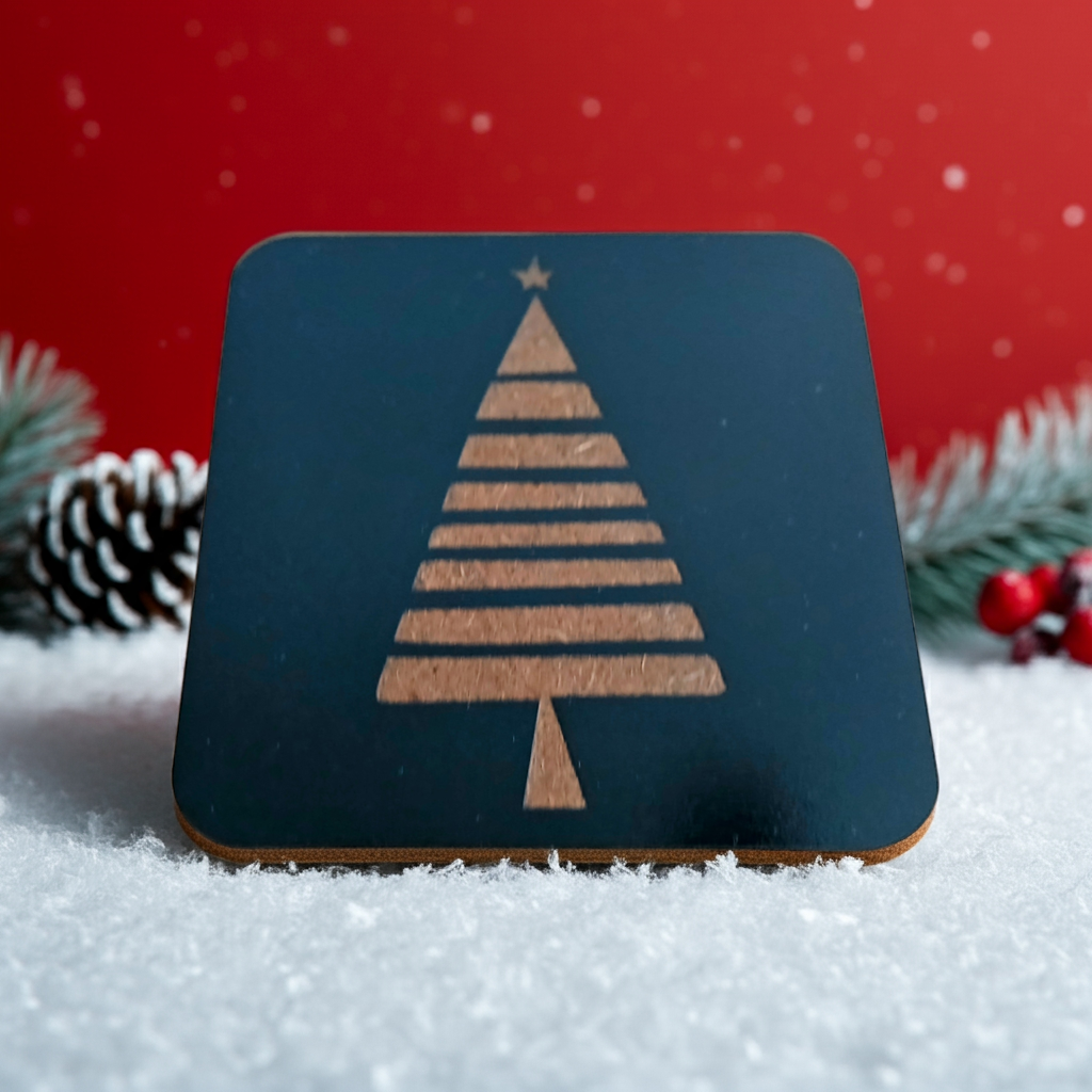 Set of 6, Black Wood Drink Coasters, Stylish Festive, Winter Tree Collection, with Bumper Feet.