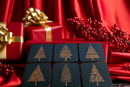 Set of 6, Black Wood Drink Coasters, Stylish Festive, Winter Tree Collection, with Bumper Feet.