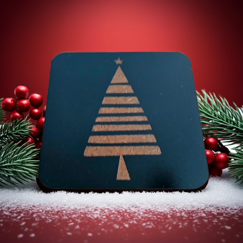 Set of 6, Black Wood Drink Coasters, Stylish Festive, Winter Tree Collection, with Bumper Feet.