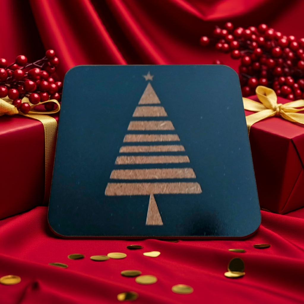 Set of 6, Black Wood Drink Coasters, Stylish Festive, Winter Tree Collection, with Bumper Feet.