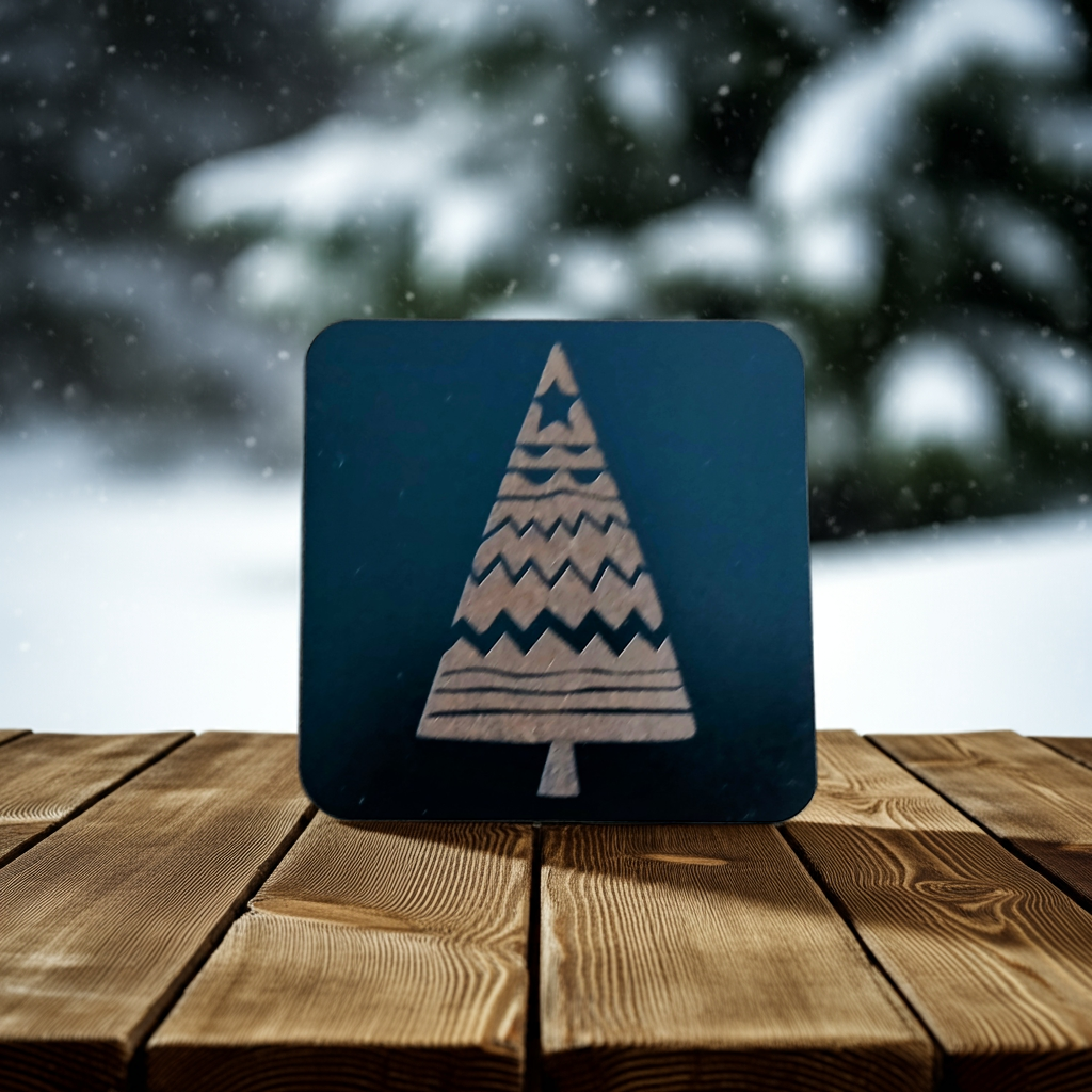 Set of 6, Black Wood Drink Coasters, Stylish Festive, Winter Tree Collection, with Bumper Feet.