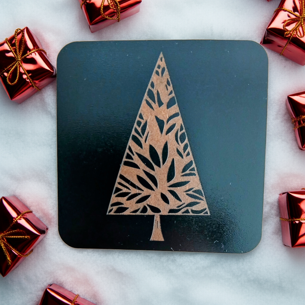 Set of 6, Black Wood Drink Coasters, Stylish Festive, Winter Tree Collection, with Bumper Feet.
