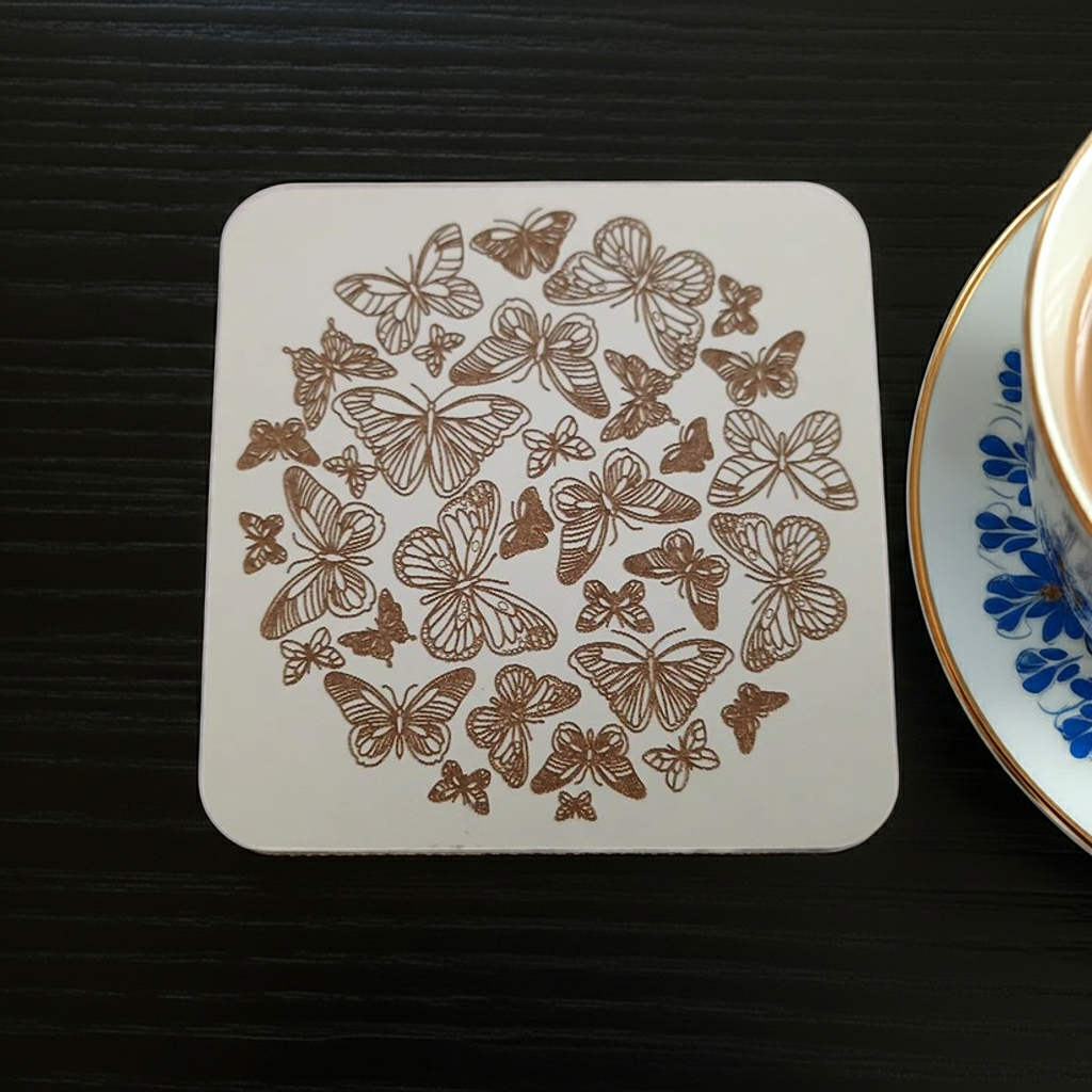 Set of 6, Butterfly Drink Coasters, White Topped Wood, with Bumper feet, Square with rounded corners, 9.5cm x 9.5cm.