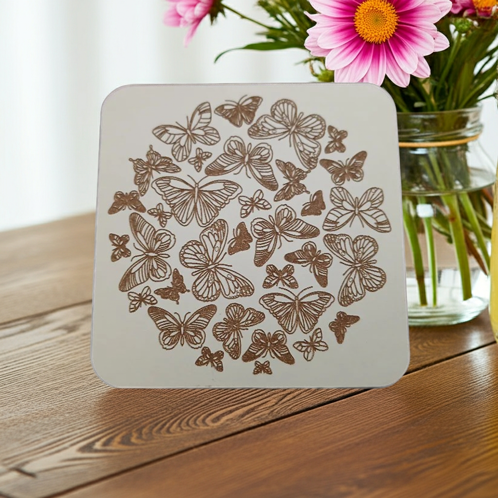 Set of 6, Butterfly Drink Coasters, White Topped Wood, with Bumper feet, Square with rounded corners, 9.5cm x 9.5cm.