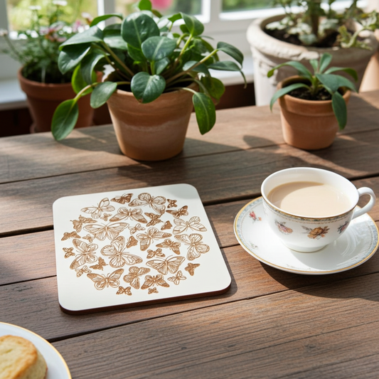 Set of 6, Butterfly Drink Coasters, White Topped Wood, with Bumper feet, Square with rounded corners, 9.5cm x 9.5cm.