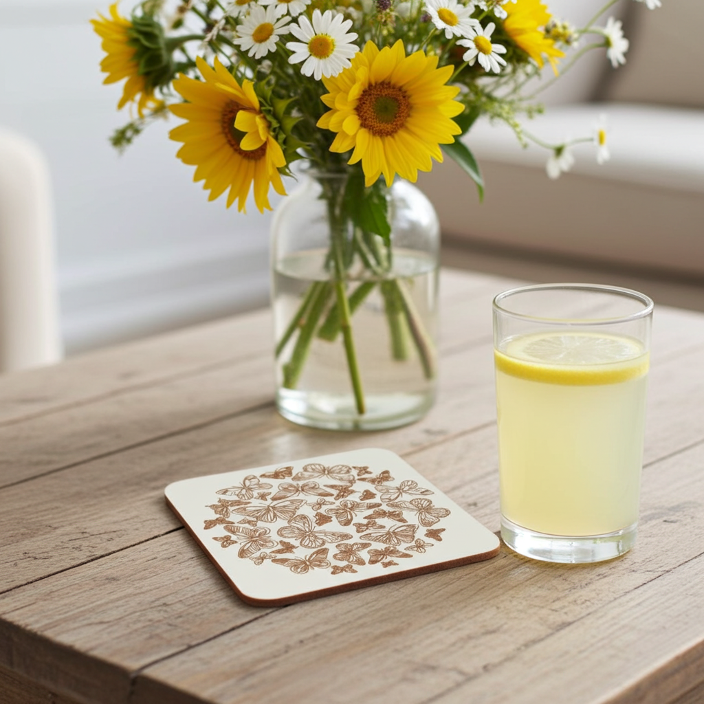 Set of 6, Butterfly Drink Coasters, White Topped Wood, with Bumper feet, Square with rounded corners, 9.5cm x 9.5cm.