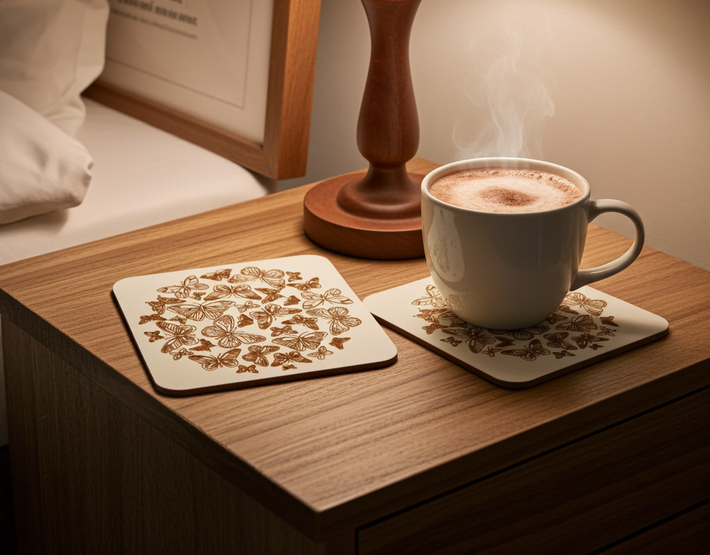 Set of 6, Butterfly Drink Coasters, White Topped Wood, with Bumper feet, Square with rounded corners, 9.5cm x 9.5cm.