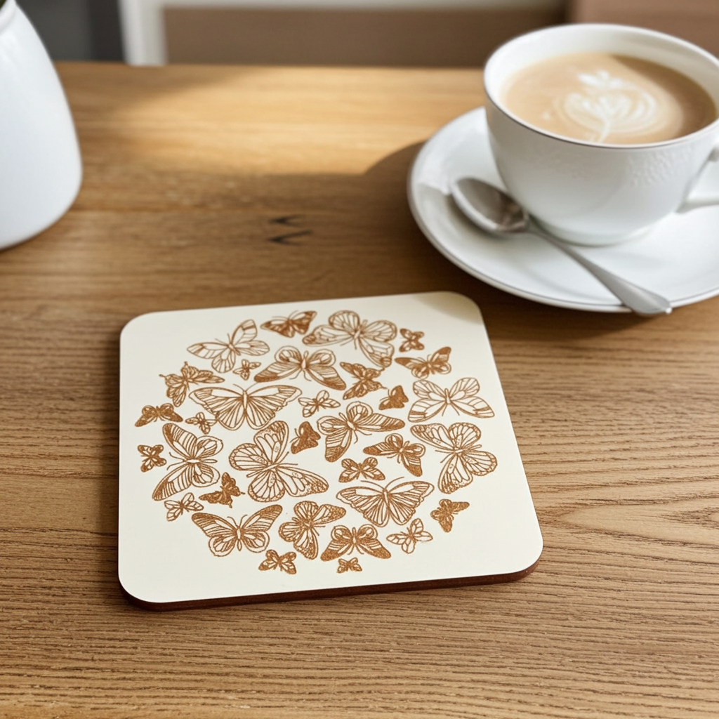 Set of 6, Butterfly Drink Coasters, White Topped Wood, with Bumper feet, Square with rounded corners, 9.5cm x 9.5cm.