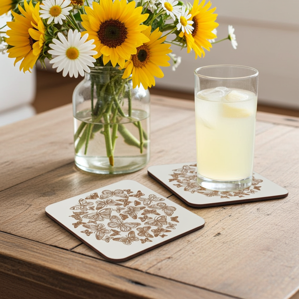 Set of 6, Butterfly Drink Coasters, White Topped Wood, with Bumper feet, Square with rounded corners, 9.5cm x 9.5cm.