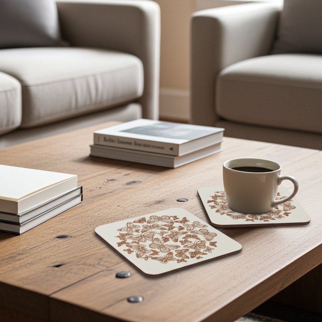 Set of 6, Butterfly Drink Coasters, White Topped Wood, with Bumper feet, Square with rounded corners, 9.5cm x 9.5cm.