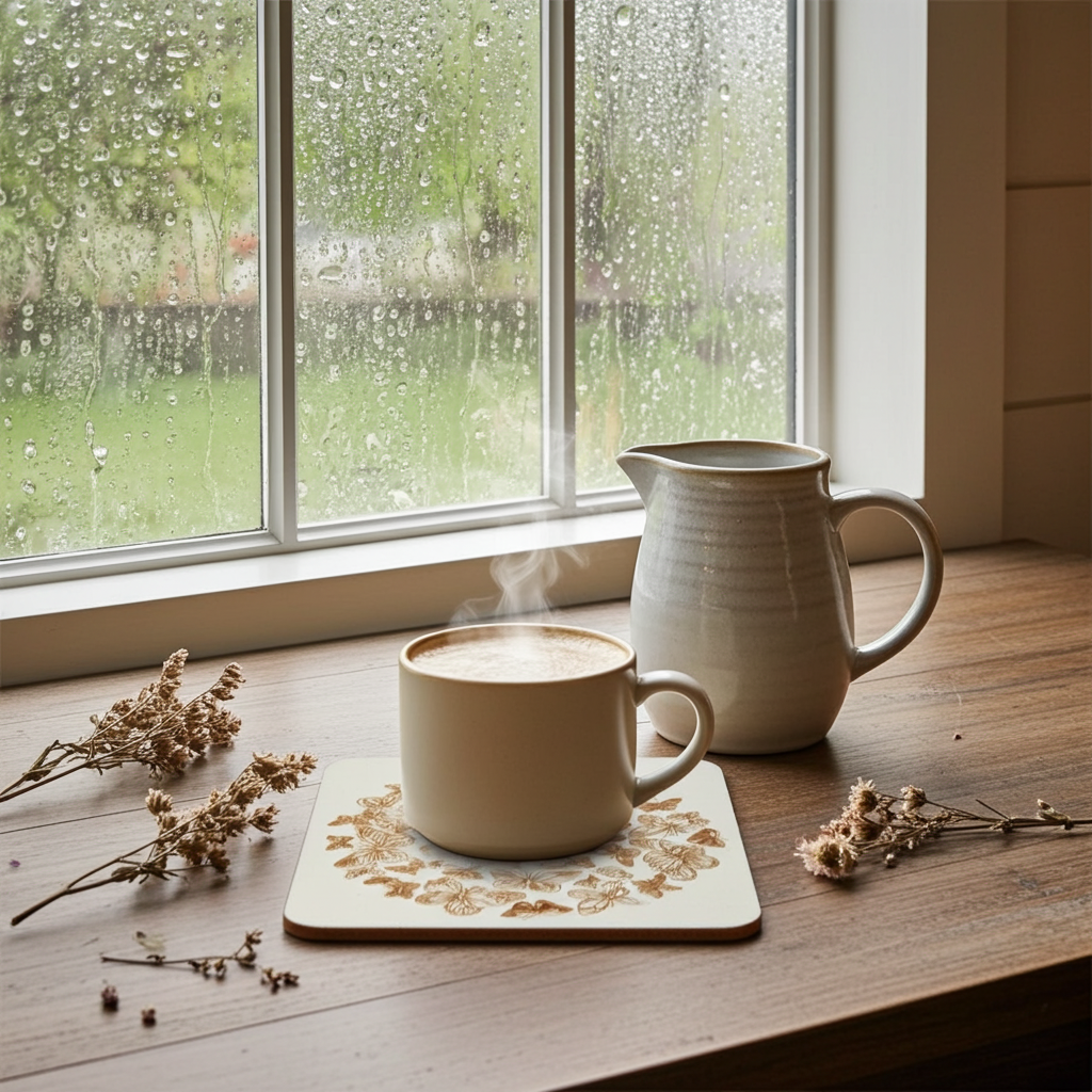 Set of 6, Butterfly Drink Coasters, White Topped Wood, with Bumper feet, Square with rounded corners, 9.5cm x 9.5cm.