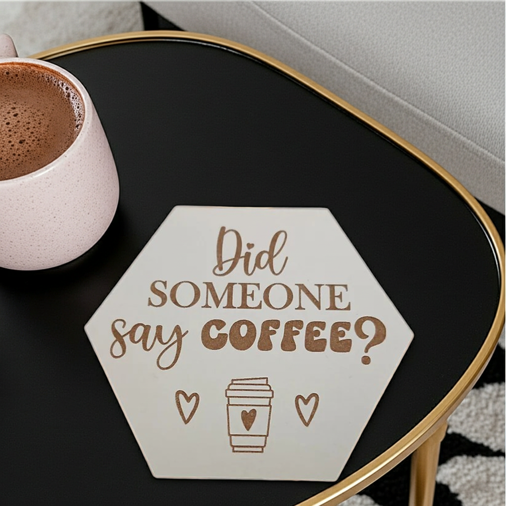 Set of 6, Coffee Themed Hexagon White Topped Drink Coasters, 9cms, with bumper feet.