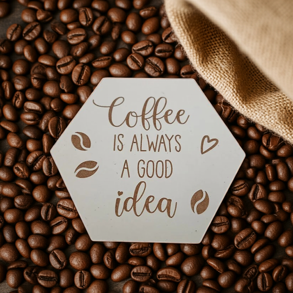 Set of 6, Coffee Themed Hexagon White Topped Drink Coasters, 9cms, with bumper feet.