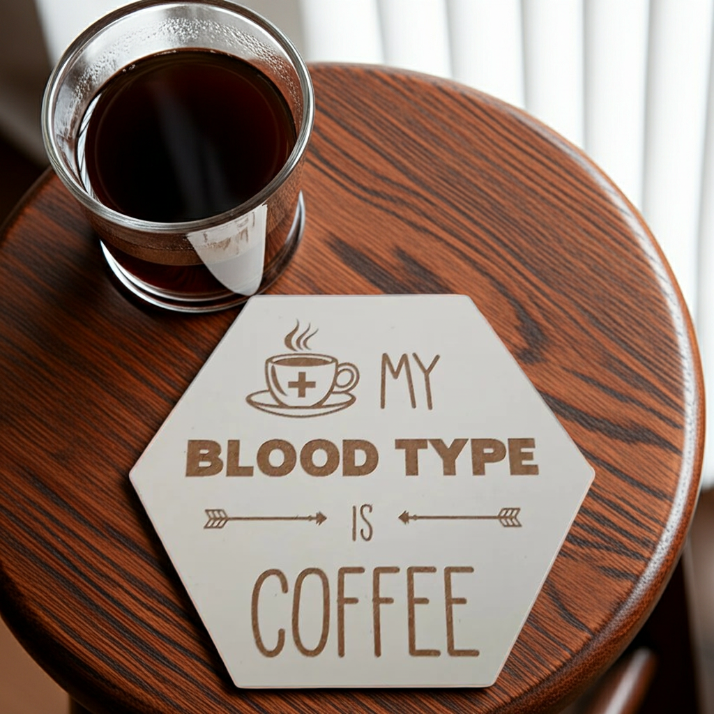 Set of 6, Coffee Themed Hexagon White Topped Drink Coasters, 9cms, with bumper feet.