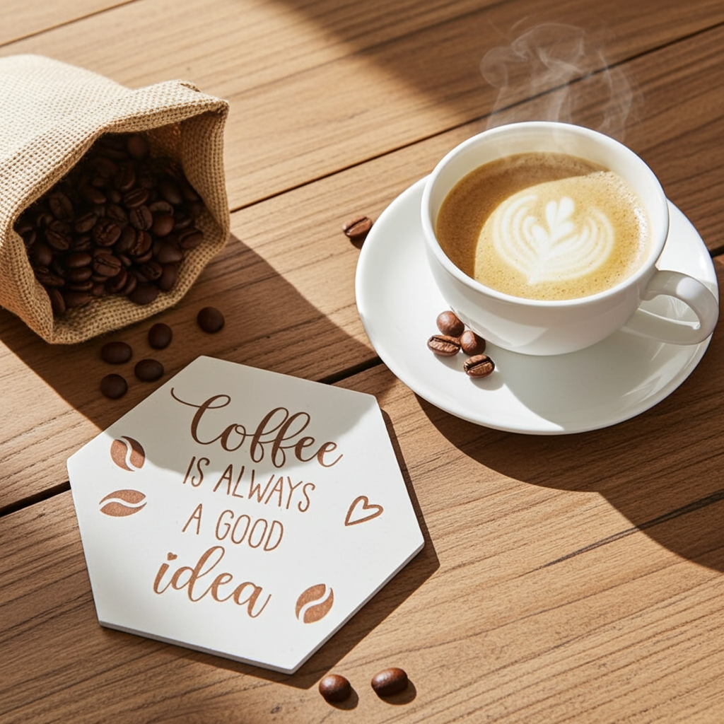 Set of 6, Coffee Themed Hexagon White Topped Drink Coasters, 9cms, with bumper feet.