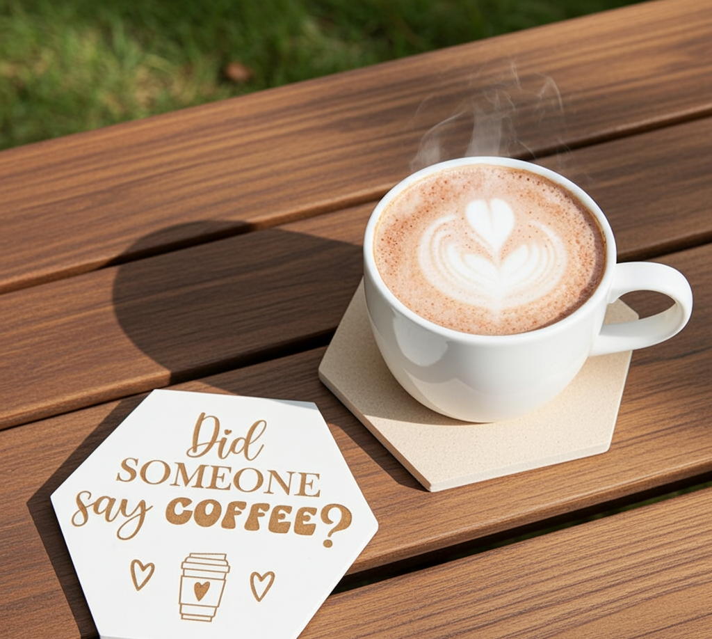 Set of 6, Coffee Themed Hexagon White Topped Drink Coasters, 9cms, with bumper feet.