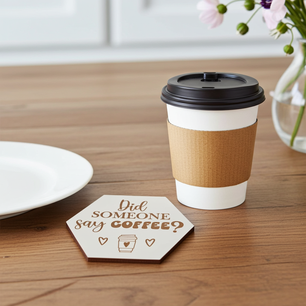 Set of 6, Coffee Themed Hexagon White Topped Drink Coasters, 9cms, with bumper feet.