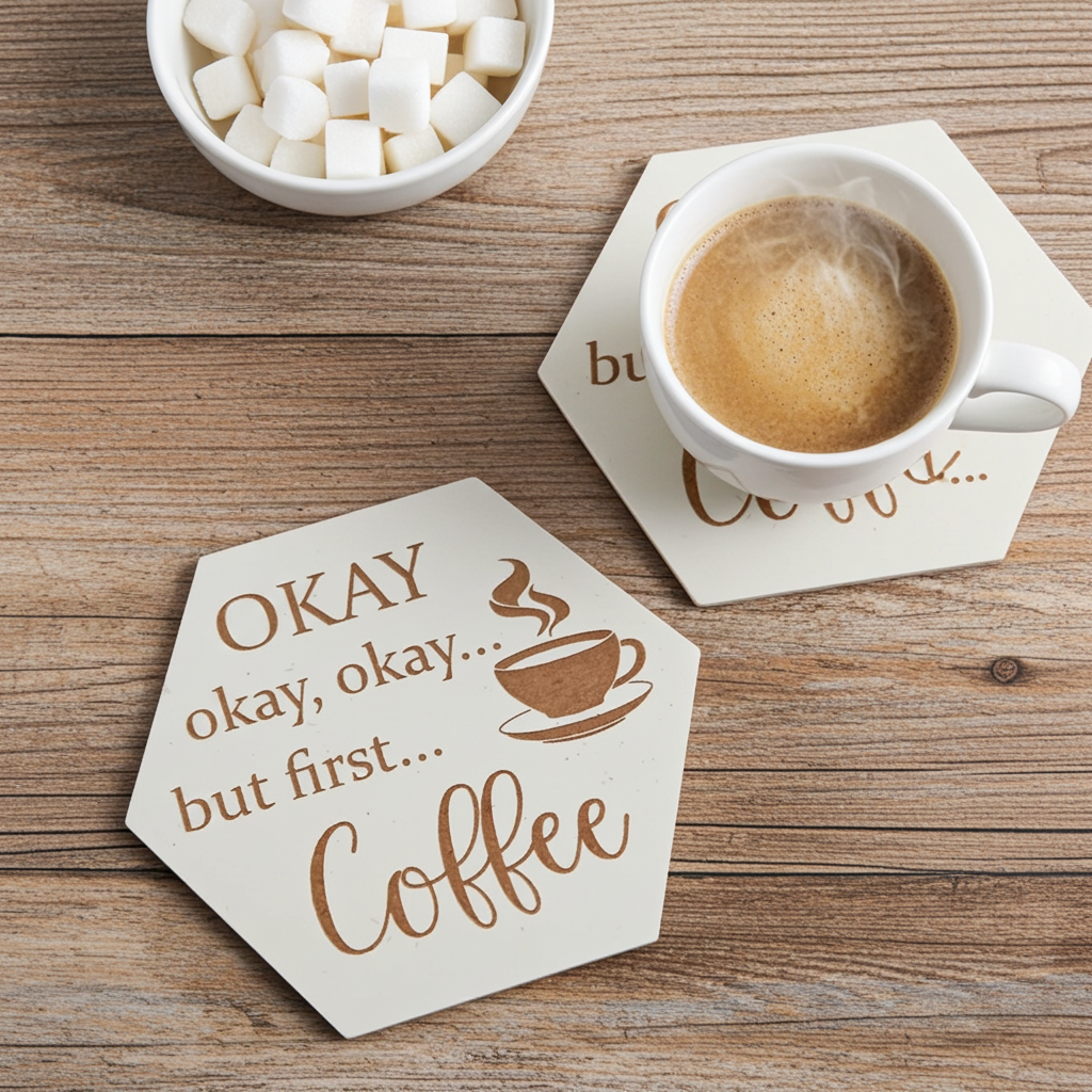 Set of 6, Coffee Themed Hexagon White Topped Drink Coasters, 9cms, with bumper feet.